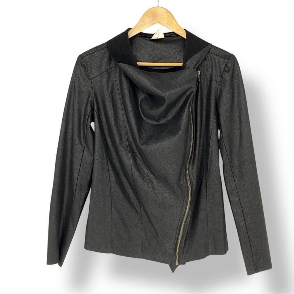 Women's Black Faux Leather Biker Moto Style Zip Jacket with Draped Collar